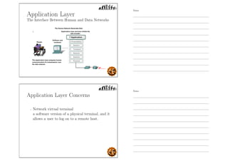 Application Layer
The Interface Between Human and Data Networks
Application Layer Concerns
- Network virtual terminal
a software version of a physical terminal, and it
allows a user to log on to a remote host.
Notes
Notes
 