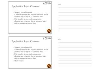 Application Layer Concerns
- Network virtual terminal
a software version of a physical terminal, and it
allows a user to log on to a remote host.
- File transfer, access, and management
allows a user to access ﬁles in a remote host,
and to manage or control ﬁles
Application Layer Concerns
- Network virtual terminal
a software version of a physical terminal, and it
allows a user to log on to a remote host.
- File transfer, access, and management
allows a user to access ﬁles in a remote host,
and to manage or control ﬁles
- Mail services
Notes
Notes
 