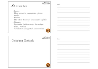 Remember
- Devices
These are used to communicate with one
another.
- Medium
This is how the devices are connected together.
- Messages
Information that travels over the medium.
- Rules / Protocol
Governs how messages ﬂow across network.
Computer Network
Notes
Notes
 