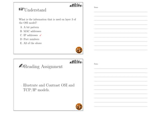 Understand
What is the information that is used on layer 3 of
the OSI model?
A. A bit pattern
B. MAC addresses
C. IP addresses
D. Port numbers
E. All of the above
Reading Assignment
- Illustrate and Contrast OSI and
TCP/IP models.
Notes
Notes
 