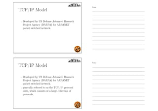 TCP/IP Model
- Developed by US Defense Advanced Research
Project Agency (DARPA) for ARPANET
packet switched network.
TCP/IP Model
- Developed by US Defense Advanced Research
Project Agency (DARPA) for ARPANET
packet switched network.
- generally referred to as the TCP/IP protocol
suite, which consists of a large collection of
protocols.
Notes
Notes
 