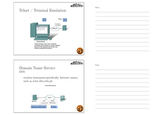 Telnet / Terminal Emulation
Domain Name Service
DNS
- resolves hostnames-speciﬁcally, Internet names,
such as www.dlsu.edu.ph
Notes
Notes
 