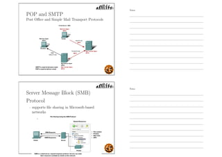 POP and SMTP
Post Oﬃce and Simple Mail Transport Protocols
Server Message Block (SMB)
Protocol
- supports ﬁle sharing in Microsoft-based
networks
Notes
Notes
 