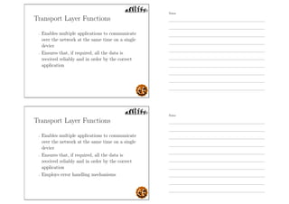 Transport Layer Functions
- Enables multiple applications to communicate
over the network at the same time on a single
device
- Ensures that, if required, all the data is
received reliably and in order by the correct
application
Transport Layer Functions
- Enables multiple applications to communicate
over the network at the same time on a single
device
- Ensures that, if required, all the data is
received reliably and in order by the correct
application
- Employs error handling mechanisms
Notes
Notes
 
