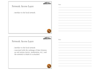 Network Access Layer
- interface to the local network
Network Access Layer
- interface to the local network
- concerned with the exchange of data between
an end system (server, workstation, etc.) and
the network to which it is attached.
Notes
Notes
 