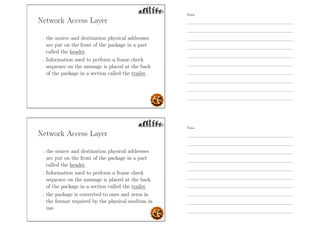 Network Access Layer
- the source and destination physical addresses
are put on the front of the package in a part
called the header.
- Information used to perform a frame check
sequence on the message is placed at the back
of the package in a section called the trailer.
Network Access Layer
- the source and destination physical addresses
are put on the front of the package in a part
called the header.
- Information used to perform a frame check
sequence on the message is placed at the back
of the package in a section called the trailer.
- the package is converted to ones and zeros in
the format required by the physical medium in
use.
Notes
Notes
 