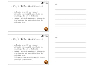 TCP/IP Data Encapsulation
- Application layer adds any required
information concerning the presentation and
formatting of the data to the header.
- Transport layer adds port number information
to the data that was handed down from the
Application layer.
TCP/IP Data Encapsulation
- Application layer adds any required
information concerning the presentation and
formatting of the data to the header.
- Transport layer adds port number information
to the data that was handed down from the
Application layer.
- Internet layer adds the required logical address
information to the segment.
Notes
Notes
 