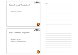 Why Network Computers?
- Improved Security
Why Network Computers?
- Improved Security
- Improved Communications
Notes
Notes
 