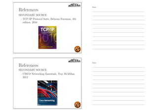 References
SECONDARY SOURCE:
- TCP/IP Protocol Suite, Behrouz Forouzan, 4th
edition, 2010
References
SECONDARY SOURCE:
- CISCO Networking Essentials, Troy McMillan,
2012
Notes
Notes
 
