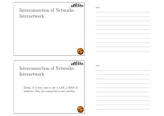 Interconnection of Networks:
Internetwork
Interconnection of Networks:
Internetwork
- Today, it is very rare to see a LAN, a MAN in
isolation; they are connected to one another.
Notes
Notes
 