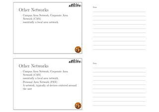 Other Networks
- Campus Area Network, Corporate Area
Network (CAN)
essentially a local area network.
Other Networks
- Campus Area Network, Corporate Area
Network (CAN)
essentially a local area network.
- Personal Area Network (PAN)
A network, typically of devices centered around
the user
Notes
Notes
 
