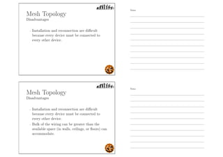 Mesh Topology
Disadvantages
- Installation and reconnection are diﬃcult
because every device must be connected to
every other device.
Mesh Topology
Disadvantages
- Installation and reconnection are diﬃcult
because every device must be connected to
every other device.
- Bulk of the wiring can be greater than the
available space (in walls, ceilings, or ﬂoors) can
accommodate.
Notes
Notes
 