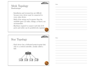 Mesh Topology
Disadvantages
- Installation and reconnection are diﬃcult
because every device must be connected to
every other device.
- Bulk of the wiring can be greater than the
available space (in walls, ceilings, or ﬂoors) can
accommodate.
- Hardware required to connect each link (I/O
ports and cable) can be prohibitively expensive.
Star Topology
- Each device has a dedicated point-to-point link
only to a central controller, usually called a
hub.
Notes
Notes
 