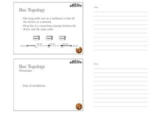 Bus Topology
- One long cable acts as a backbone to link all
the devices in a network.
- Drop line is a connection running between the
device and the main cable.
Bus Topology
Advantages
- Ease of installation.
Notes
Notes
 