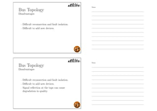 Bus Topology
Disadvantages
- Diﬃcult reconnection and fault isolation.
- Diﬃcult to add new devices.
Bus Topology
Disadvantages
- Diﬃcult reconnection and fault isolation.
- Diﬃcult to add new devices.
- Signal reﬂection at the taps can cause
degradation in quality.
Notes
Notes
 