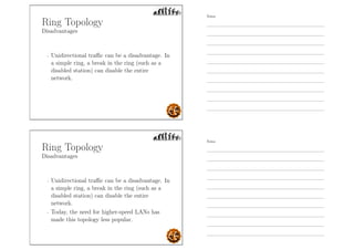 Ring Topology
Disadvantages
- Unidirectional traﬃc can be a disadvantage. In
a simple ring, a break in the ring (such as a
disabled station) can disable the entire
network.
Ring Topology
Disadvantages
- Unidirectional traﬃc can be a disadvantage. In
a simple ring, a break in the ring (such as a
disabled station) can disable the entire
network.
- Today, the need for higher-speed LANs has
made this topology less popular.
Notes
Notes
 