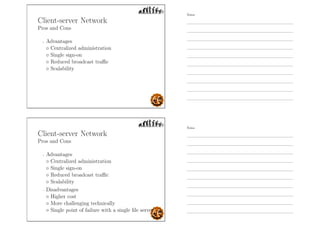 Client-server Network
Pros and Cons
- Advantages
◦ Centralized administration
◦ Single sign-on
◦ Reduced broadcast traﬃc
◦ Scalability
Client-server Network
Pros and Cons
- Advantages
◦ Centralized administration
◦ Single sign-on
◦ Reduced broadcast traﬃc
◦ Scalability
- Disadvantages
◦ Higher cost
◦ More challenging technically
◦ Single point of failure with a single ﬁle server
Notes
Notes
 