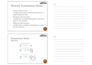Network Transmission Modes
- Unicast (One-to-one).
a single source host is sending information to a
single destination host
- Broadcast (One-to-many).
a single host is sending information to all other
hosts on the network
- Multicast (One-to-some).
a single host is sending a transmission to some,
but not all hosts
Transmission Modes
Illustration
Notes
Notes
 