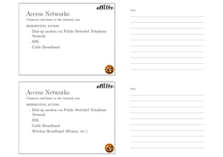 Access Networks
Connects end hosts to the network core
RESIDENTIAL ACCESS:
- Dial-up modem via Public Switched Telephone
Network
- DSL
- Cable Broadband
Access Networks
Connects end hosts to the network core
RESIDENTIAL ACCESS:
- Dial-up modem via Public Switched Telephone
Network
- DSL
- Cable Broadband
- Wireless Broadband (Wimax, etc.)
Notes
Notes
 
