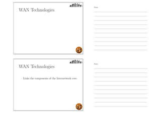 WAN Technologies
WAN Technologies
- Links the components of the Internetwork core.
Notes
Notes
 