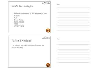 WAN Technologies
- Links the components of the Internetwork core.
- Includes:
X.25
Frame Relay
ISDN, BISDN
ATM
SONET/SDH
Packet Switching
The Internet and other computer networks use
packet switching
Notes
Notes
 