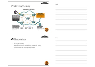 Packet Switching
Remember
- X.25 (64-kbps)
A virtual-circuit switching network with
extensive ﬂow and error control.
Notes
Notes
 