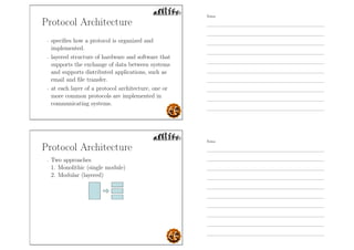 Protocol Architecture
- speciﬁes how a protocol is organized and
implemented.
- layered structure of hardware and software that
supports the exchange of data between systems
and supports distributed applications, such as
email and ﬁle transfer.
- at each layer of a protocol architecture, one or
more common protocols are implemented in
communicating systems.
Protocol Architecture
- Two approaches
1. Monolithic (single module)
2. Modular (layered)
Notes
Notes
 