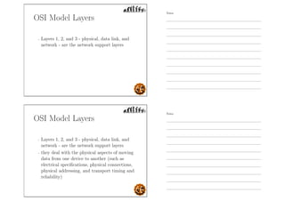 OSI Model Layers
- Layers 1, 2, and 3 - physical, data link, and
network - are the network support layers
OSI Model Layers
- Layers 1, 2, and 3 - physical, data link, and
network - are the network support layers
- they deal with the physical aspects of moving
data from one device to another (such as
electrical speciﬁcations, physical connections,
physical addressing, and transport timing and
reliability)
Notes
Notes
 