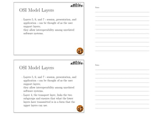 OSI Model Layers
- Layers 5, 6, and 7 - session, presentation, and
application - can be thought of as the user
support layers;
they allow interoperability among unrelated
software systems.
OSI Model Layers
- Layers 5, 6, and 7 - session, presentation, and
application - can be thought of as the user
support layers;
they allow interoperability among unrelated
software systems.
- Layer 4, the transport layer, links the two
subgroups and ensures that what the lower
layers have transmitted is in a form that the
upper layers can use.
Notes
Notes
 