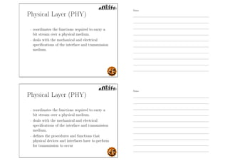Physical Layer (PHY)
- coordinates the functions required to carry a
bit stream over a physical medium.
- deals with the mechanical and electrical
speciﬁcations of the interface and transmission
medium.
Physical Layer (PHY)
- coordinates the functions required to carry a
bit stream over a physical medium.
- deals with the mechanical and electrical
speciﬁcations of the interface and transmission
medium.
- deﬁnes the procedures and functions that
physical devices and interfaces have to perform
for transmission to occur
Notes
Notes
 