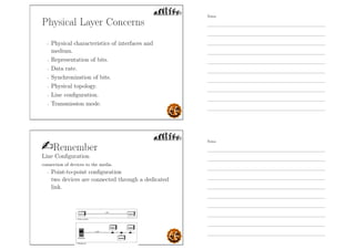 Physical Layer Concerns
- Physical characteristics of interfaces and
medium.
- Representation of bits.
- Data rate.
- Synchronization of bits.
- Physical topology.
- Line conﬁguration.
- Transmission mode.
Remember
Line Conﬁguration
connection of devices to the media.
- Point-to-point conﬁguration
two devices are connected through a dedicated
link.
Notes
Notes
 