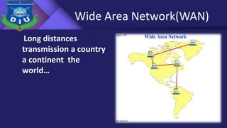 Wide Area Network(WAN)
Long distances
transmission a country
a continent the
world…
 