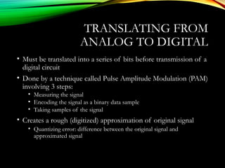 TRANSLATING FROM
ANALOG TO DIGITAL
• Must be translated into a series of bits before transmission of a
digital circuit
• Done by a technique called Pulse Amplitude Modulation (PAM)
involving 3 steps:
• Measuring the signal
• Encoding the signal as a binary data sample
• Taking samples of the signal
• Creates a rough (digitized) approximation of original signal
• Quantizing error: difference between the original signal and
approximated signal
 
