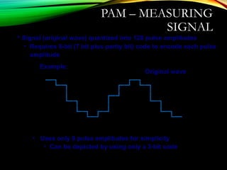 PAM – MEASURING
SIGNAL
• Uses only 8 pulse amplitudes for simplicity
• Can be depicted by using only a 3-bit code
Original wave
• Signal (original wave) quantized into 128 pulse amplitudes
• Requires 8-bit (7 bit plus parity bit) code to encode each pulse
amplitude
Example:
 