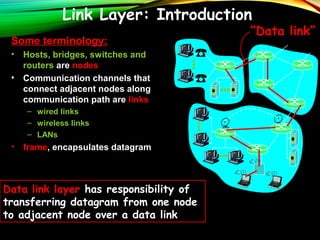 Link Layer: Introduction
Some terminology:
• Hosts, bridges, switches and
routers are nodes
• Communication channels that
connect adjacent nodes along
communication path are links
– wired links
– wireless links
– LANs
• frame, encapsulates datagram
“Data link”
Data link layer has responsibility of
transferring datagram from one node
to adjacent node over a data link
 