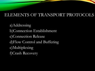 ELEMENTS OF TRANSPORT PROTOCOLS
a)Addressing
b)Connection Establishment
c)Connection Release
d)Flow Control and Buffering
e)Multiplexing
f)Crash Recovery
 