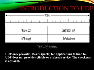 INTRODUCTION TO UDP
The UDP header.
UDP only provides TSAPs (ports) for applications to bind to.
UDP does not provide reliable or ordered service. The checksum
is optional.
 