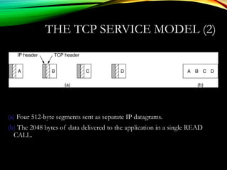 THE TCP SERVICE MODEL (2)
(a) Four 512-byte segments sent as separate IP datagrams.
(b) The 2048 bytes of data delivered to the application in a single READ
CALL.
 