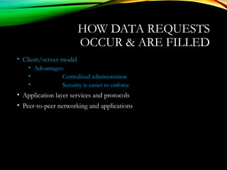 HOW DATA REQUESTS
OCCUR & ARE FILLED
• Client/server model
• Advantages:
• Centralized administration
• Security is easier to enforce
• Application layer services and protocols
• Peer-to-peer networking and applications
 