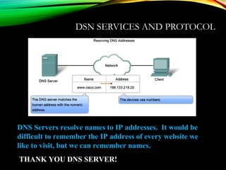 DSN SERVICES AND PROTOCOL
DNS Servers resolve names to IP addresses. It would be
difficult to remember the IP address of every website we
like to visit, but we can remember names.
THANK YOU DNS SERVER!
 