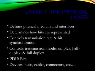 LAYER 1: THE PHYSICAL
LAYER
• Defines physical medium and interfaces
• Determines how bits are represented
• Controls transmission rate & bit
synchronization
• Controls transmission mode: simplex, half-
duplex, & full duplex
• PDU: Bits
• Devices: hubs, cables, connectors, etc…
 