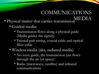 COMMUNICATIONS
MEDIA• Physical matter that carries transmission
• Guided media:
• Transmission flows along a physical guide
(Media guides the signal))
• Twisted pair wiring, coaxial cable and optical
fiber cable
• Wireless media (aka, radiated media)
• No wave guide, the transmission just flows
through the air (or space)
• Radio (microwave, satellite) and infrared
communications
 