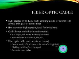 FIBER OPTIC CABLE
• Light created by an LED (light-emitting diode) or laser is sent
down a thin glass or plastic fiber
• Has extremely high capacity, ideal for broadband
• Works better under harsh environments
• Not fragile, nor brittle; Nit heavy nor bulky
• More resistant to corrosion, fire, etc.,
• Fiber optic cable structure (from center):
• Core (v. small, 5-50 microns, ~ the size of a single hair)
• Cladding, which reflects the signal
• Protective outer jacket
 