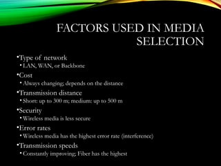 FACTORS USED IN MEDIA
SELECTION
•Type of network
• LAN, WAN, or Backbone
•Cost
• Always changing; depends on the distance
•Transmission distance
• Short: up to 300 m; medium: up to 500 m
•Security
• Wireless media is less secure
•Error rates
• Wireless media has the highest error rate (interference)
•Transmission speeds
• Constantly improving; Fiber has the highest
 