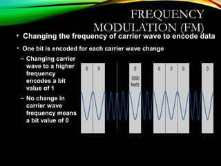 FREQUENCY
MODULATION (FM)
• Changing the frequency of carrier wave to encode data
• One bit is encoded for each carrier wave change
– Changing carrier
wave to a higher
frequency
encodes a bit
value of 1
– No change in
carrier wave
frequency means
a bit value of 0
 