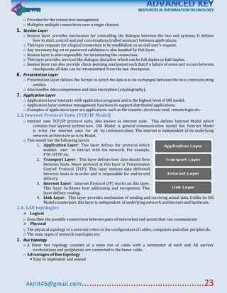 Akriit45@gmail.com..................................................23
o Provides for the connection management.
o Multiplex multiple connections over a single channel.
5. Session Layer
o Session layer provides mechanism for controlling the dialogue between the two end systems. It defines
how to start, control and end conversations (called sessions) between applications.
o This layer requests for a logical connection to be established on an end-user’s request.
o Any necessary log-on or password validation is also handled by this layer.
o Session layer is also responsible for terminating the connection.
o This layer provides services like dialogue discipline which can be full duplex or half duplex.
o Session layer can also provide check-pointing mechanism such that if a failure of some sort occurs between
checkpoints, all data can be retransmitted from the last checkpoint.
6. Presentation Layer
o Presentation layer defines the format in which the data is to be exchanged between the two communicating
entities.
o Also handles data compression and data encryption (cryptography).
7. Application Layer
o Application layer interacts with application programs and is the highest level of OSI model.
o Application layer contains management functions to support distributed applications.
o Examples of application layer are applications such as file transfer, electronic mail, remote login etc.
2.3.Internet Protocol Suite (TCP/IP Model)
o Internet uses TCP/IP protocol suite, also known as Internet suite. This defines Internet Model which
contains four layered architecture. OSI Model is general communication model but Internet Model
is what the internet uses for all its communication. The internet is independent of its underlying
network architecture so is its Model.
o This model has the following layers:
1. Application Layer: This layer defines the protocol which
enables user to interact with the network. For example,
FTP, HTTP etc.
2. Transport Layer: This layer defines how data should flow
between hosts. Major protocol at this layer is Transmission
Control Protocol (TCP). This layer ensures data delivered
between hosts is in-order and is responsible for end-to-end
delivery.
3. Internet Layer: Internet Protocol (IP) works on this layer.
This layer facilitates host addressing and recognition. This
layer defines routing.
4. Link Layer: This layer provides mechanism of sending and receiving actual data. Unlike its OSI
Model counterpart, this layer is independent of underlying network architecture and hardware.
2.4. LAN topologies
 Logical
o Describes the possible connections between pairs of networked end-points that can communicate
 Physical
o The physical topology of a network refers to the configuration of cables, computers and other peripherals.
o The main types of network topologies are:
1. Bus topology
o A linear bus topology consists of a main run of cable with a terminator at each end. All servers’
workstations and peripherals are connected to the linear cable.
o Advantages of Bus topology
 Easy to implement and extend
 