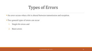 Types of Errors
 An error occurs when a bit is altered between transmission and reception.
 Two general types of errors can occur
1. Single-bit errors and
2. Burst errors
DR. GANESHKUMAR N, DEPT. OF CSE 10
 
