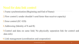 Need for data link control
1.Frame synchronization (Beginning and End of frame)
2.Flow control ( sender shouldn’t send faster than receiver capacity)
3.Error control (EC+ED)
4.Addressing (Identity of S and R)
5.Control and data on same link( No physically separation link for control and
data info)
6.Link management (coordination and cooperation)
DR. GANESHKUMAR N, DEPT. OF CSE 37
 
