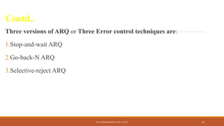 Contd..
Three versions of ARQ or Three Error control techniques are:
1.Stop-and-wait ARQ
2.Go-back-N ARQ
3.Selective-reject ARQ
DR. GANESHKUMAR N, DEPT. OF CSE 54
 