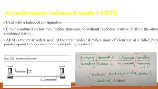 Asynchronous balanced mode (ABM)
Used with a balanced configuration.
Either combined station may initiate transmission without receiving permission from the other
combined station.
ABM is the most widely used of the three modes; it makes more efficient use of a full-duplex
point-to-point link because there is no polling overhead.
DR. GANESHKUMAR N, DEPT. OF CSE 72
 